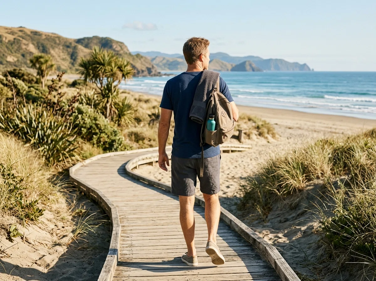 Active man from behind walking on New Zealand beach at sunrise - food supplement for active men over 50 New Zealand