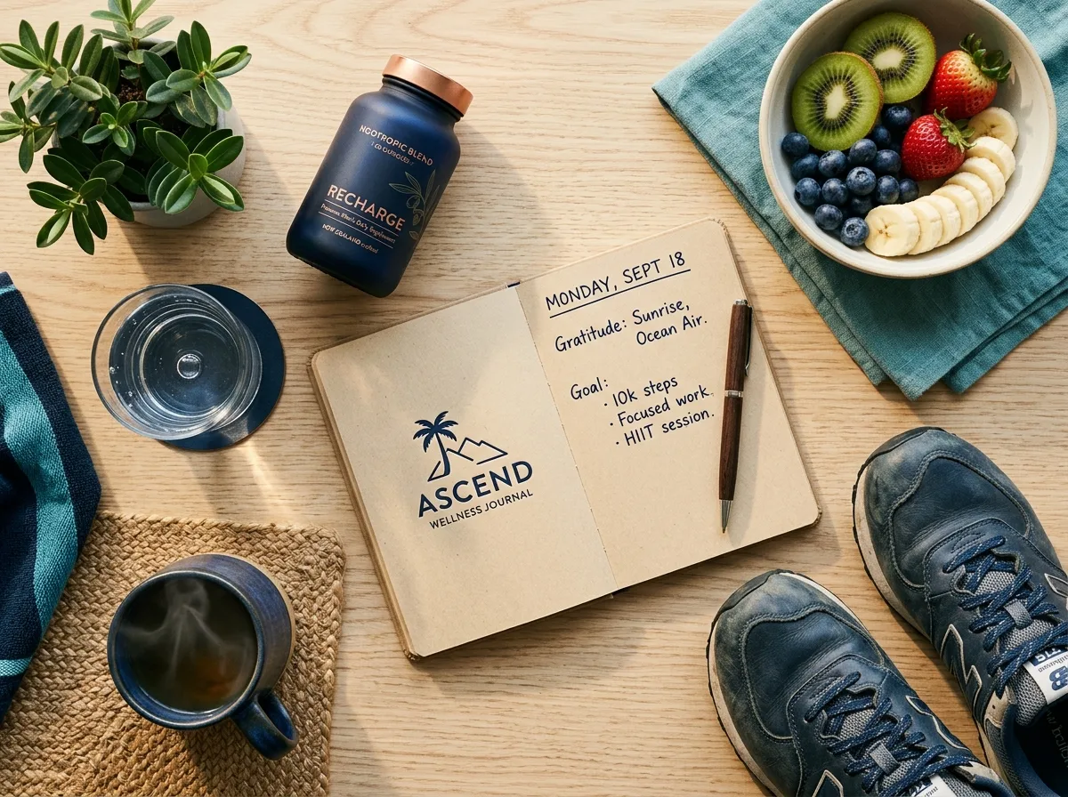 Healthy morning wellness routine flat lay - supplement, water, fruit, running shoes for men over 50 New Zealand